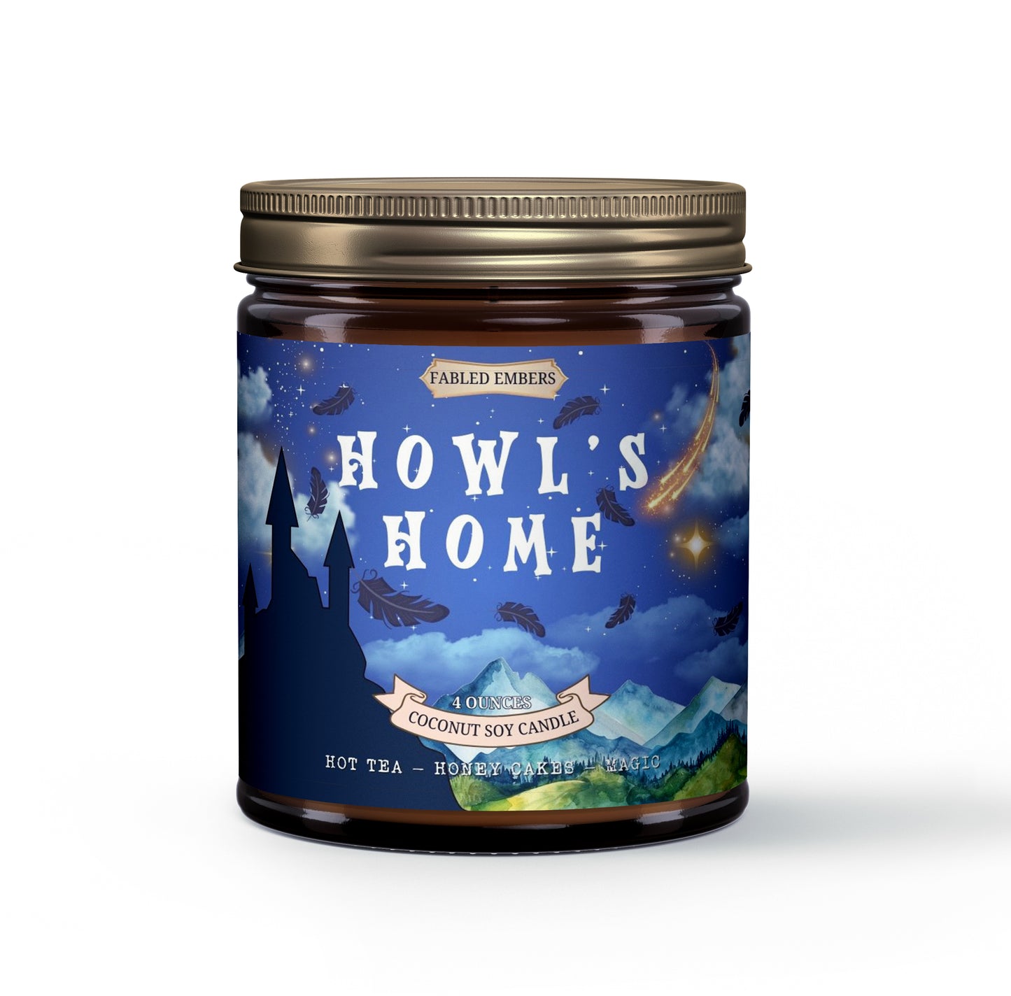 Transport yourself to a magical world with our "Howl's Home" coconut soy candle! The whimsical label features Howl's silhouetted castle against a starry night sky, with floating feathers and a shooting star. The scent is a cozy blend of hot tea, honey cakes, and magic.
