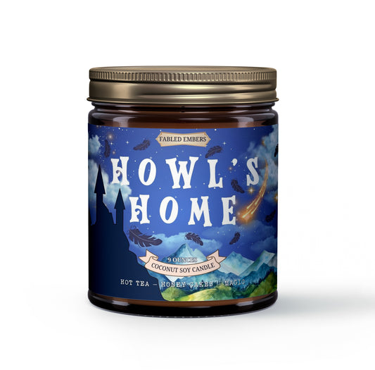 Transport yourself to a magical world with our "Howl's Home" coconut soy candle! The whimsical label features Howl's silhouetted castle against a starry night sky, with floating feathers and a shooting star. The scent is a cozy blend of hot tea, honey cakes, and magic.