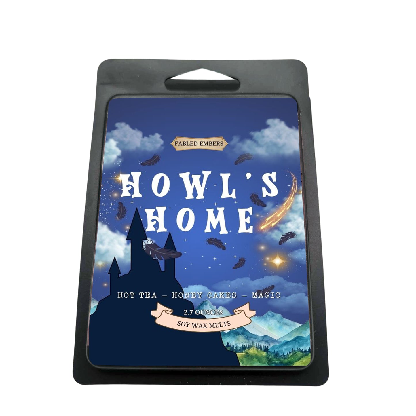 Transport yourself to a magical world with our "Howl's Home" soy wax melts! The whimsical label features Howl's silhouetted castle against a starry night sky, with floating feathers and a shooting star. The scent is a cozy blend of hot tea, honey cakes, and magic.