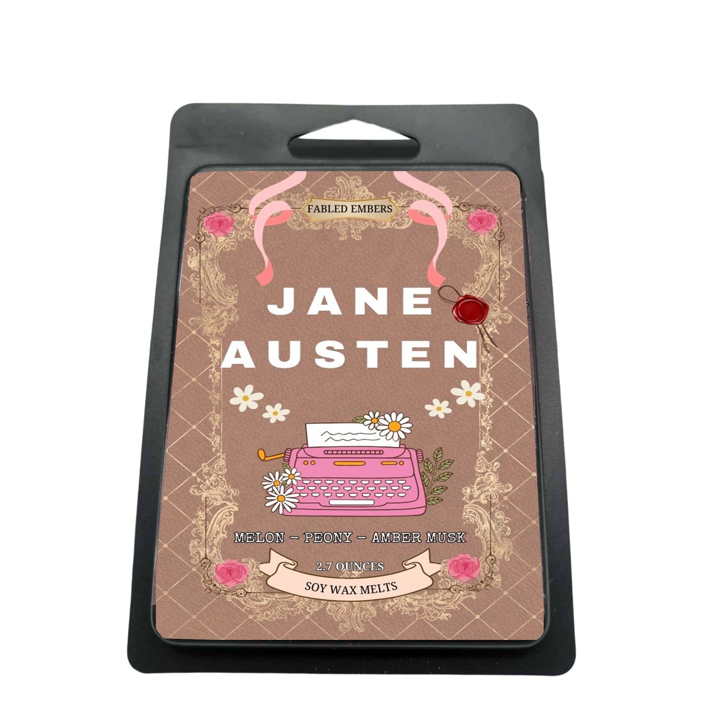 tep into a Regency romance with our "Jane Austen" soy wax melts. Its elegant label features a vintage pink typewriter, delicate daisies, and rose-adorned scrolls on a charming damask background. Scented with melon, peony, and amber, it's perfect for your literary escape.