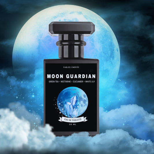 Perfume bottle labeled 'Moon Guardian' with a moon and cloud background