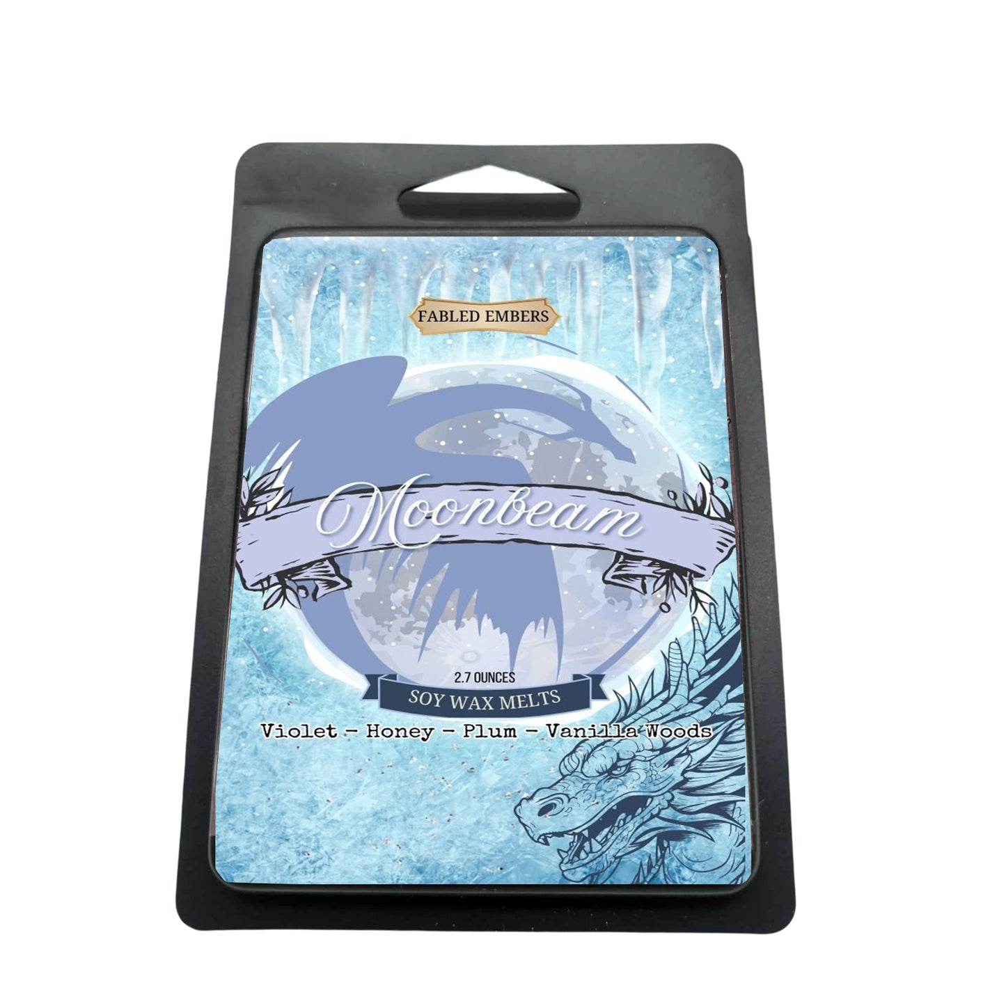 "Moonbeam" wax melts. The luminous blue label showcases a prominent celestial moon with a flowing banner and delicate floral accents. Scent notes: Violet, honey, plum, vanilla woods. Ideal for fantasy book lovers, dragon enthusiasts, and romantasy readers.