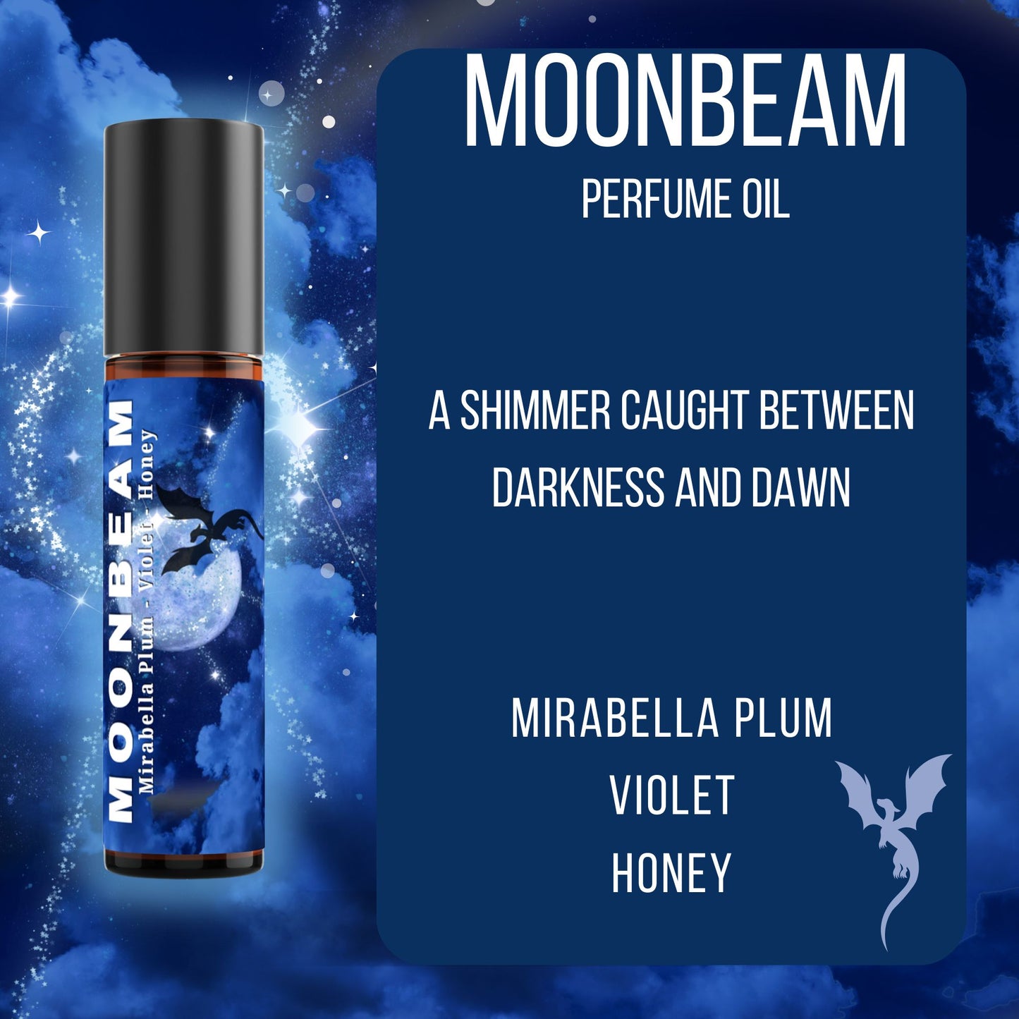 Moonbeam perfume oil with packaging against a blue celestial background