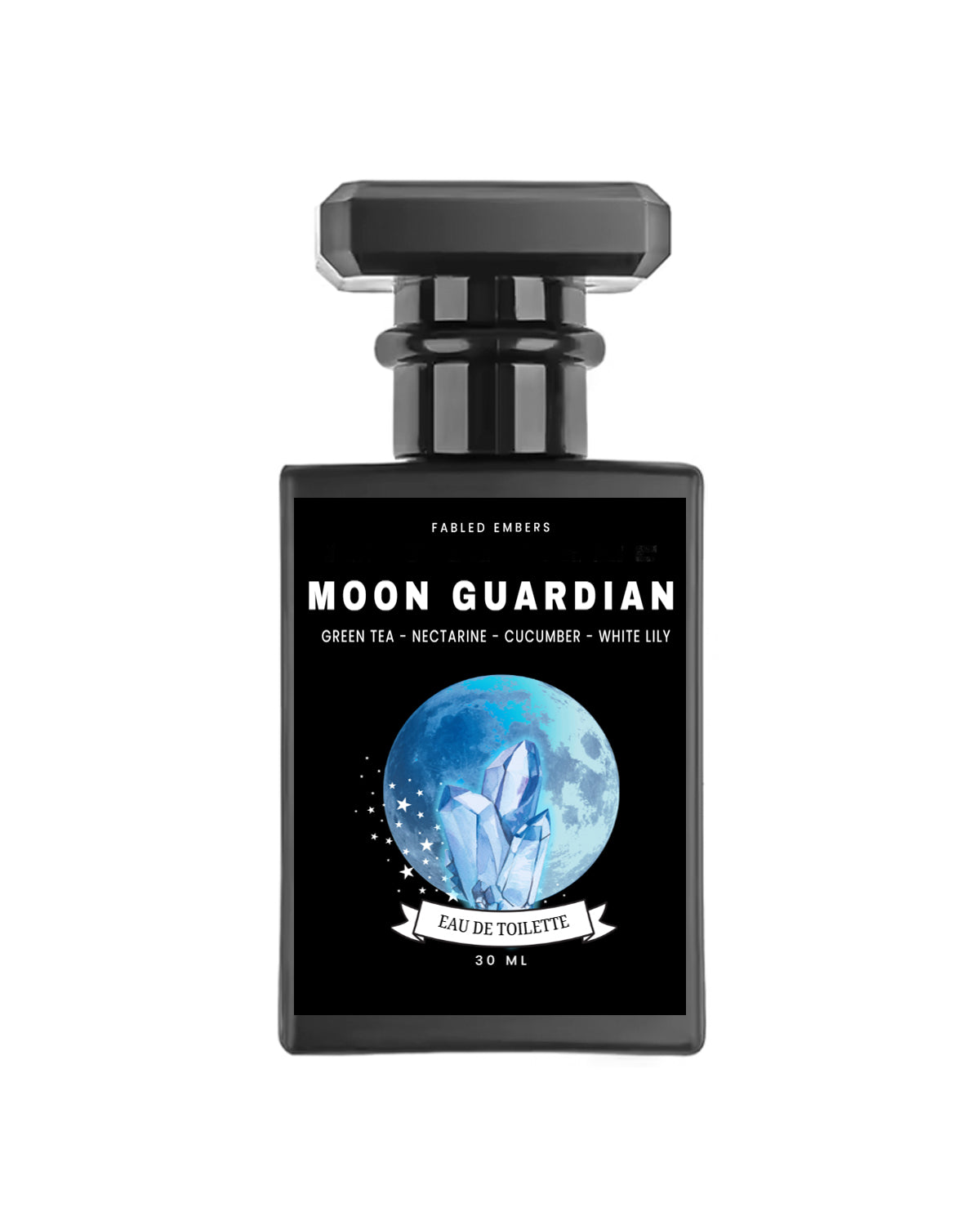 Image shows two bottles of MOON GUARDIAN Perfume, one larger 30ml black matte bottle with a metal atomizer, and a smaller 10ml clear glass vial with a metal atomizer. Both bottles have labels with the product name and a moon motif.