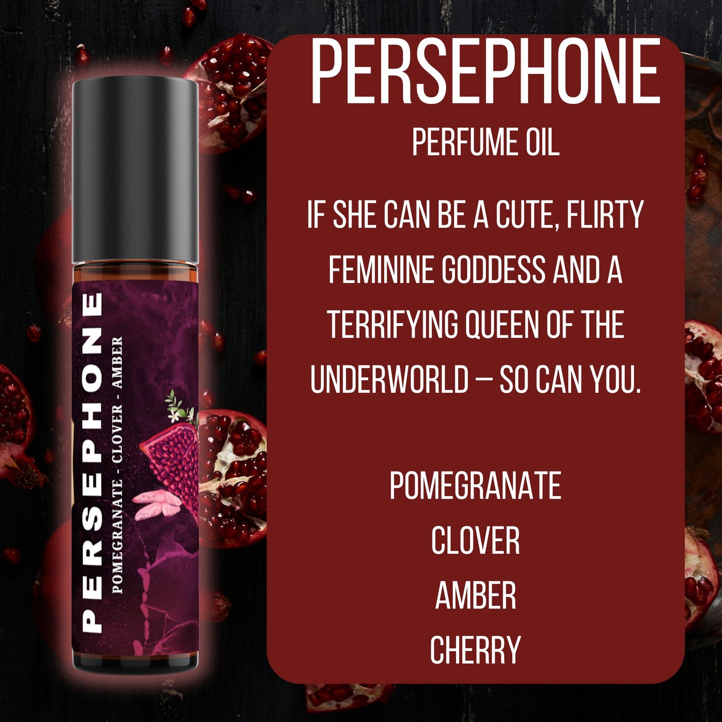 Persephone perfume oil bottle with description on a dark background