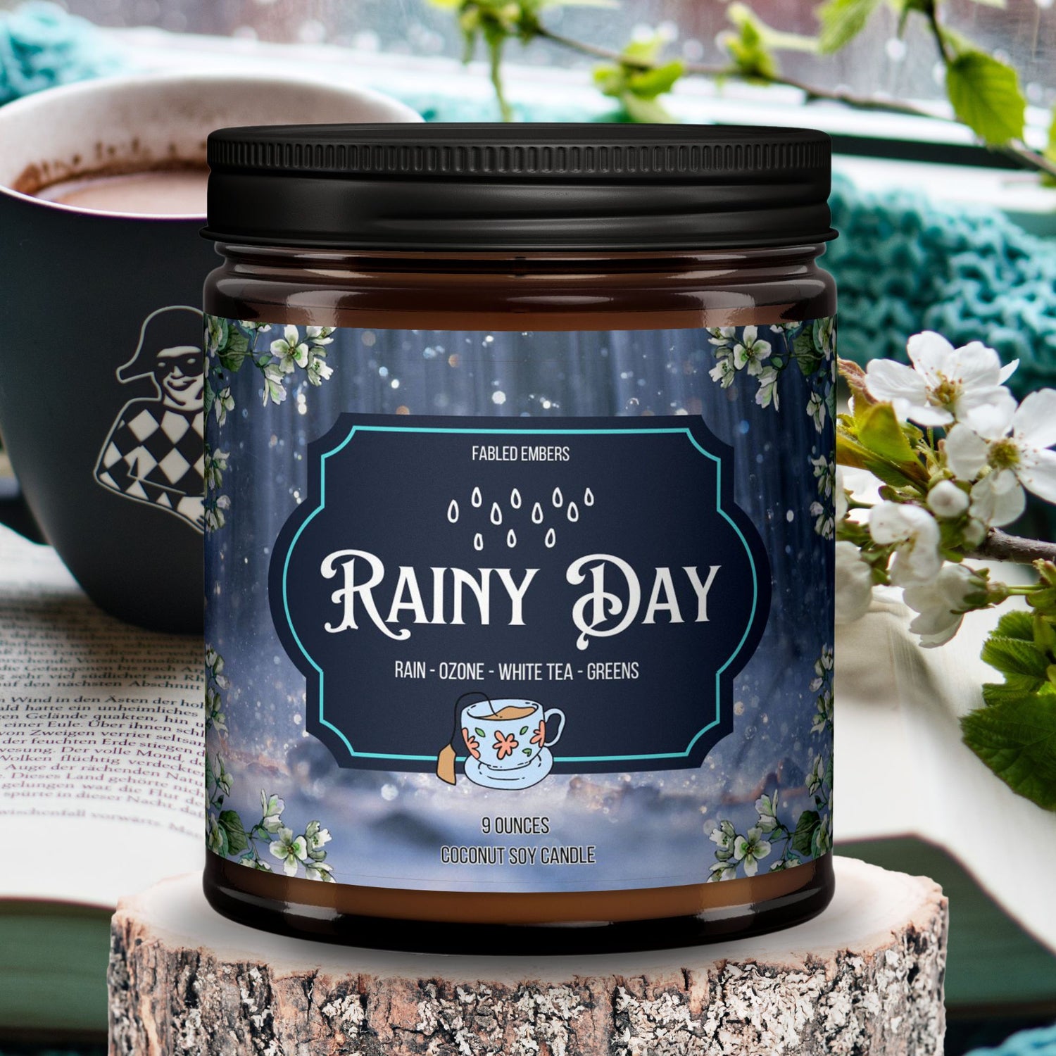Rainy Day candle 9 ounces coconut soy smells like reading on a rainy day mood amber glass jar