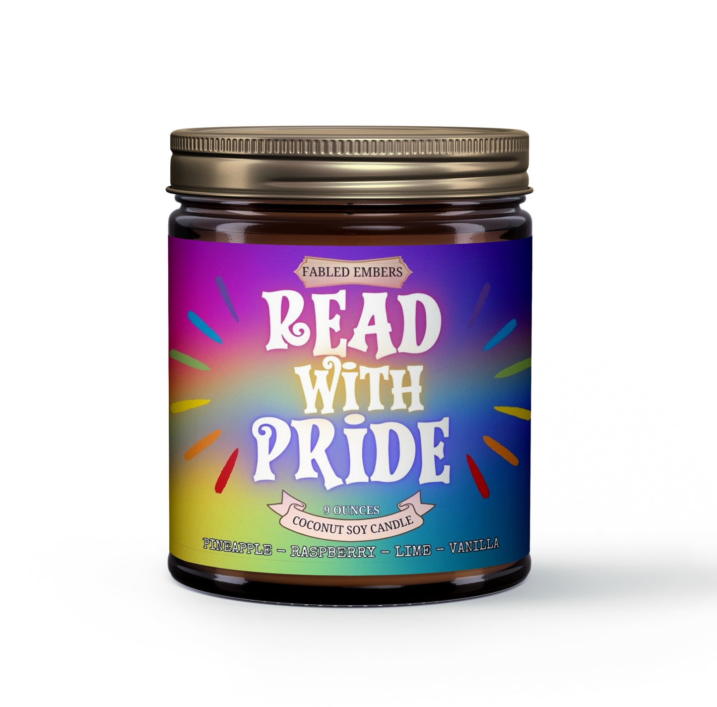 Celebrate reading with our "Read With Pride" coconut soy candle! Its bright, colorful label features a rainbow burst design. The scent is a vibrant blend of pineapple, raspberry, lime, and vanilla. Perfect for adding a touch of joy and pride to any space.