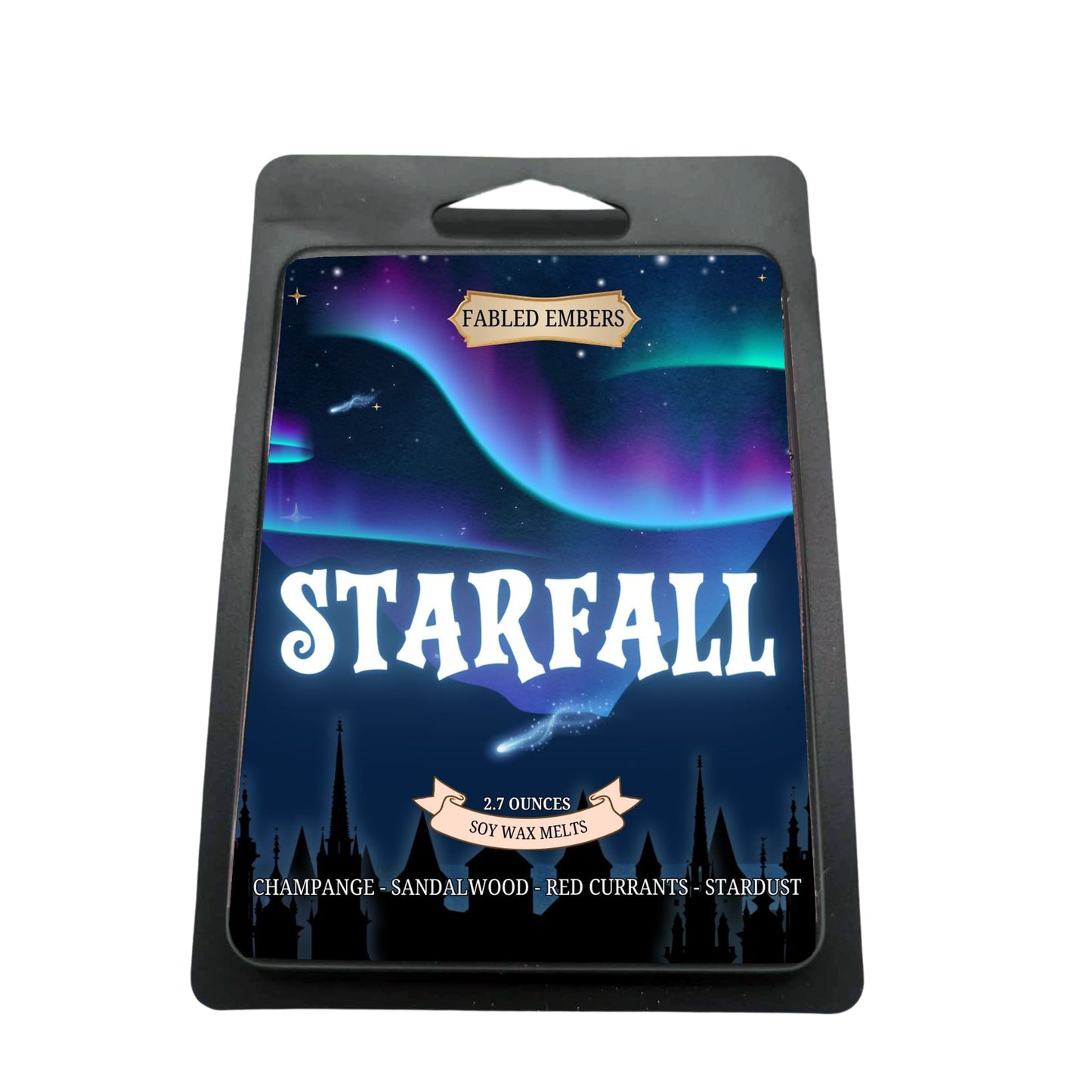 Fabled Embers Starfall wax melts packaging with a night sky design.