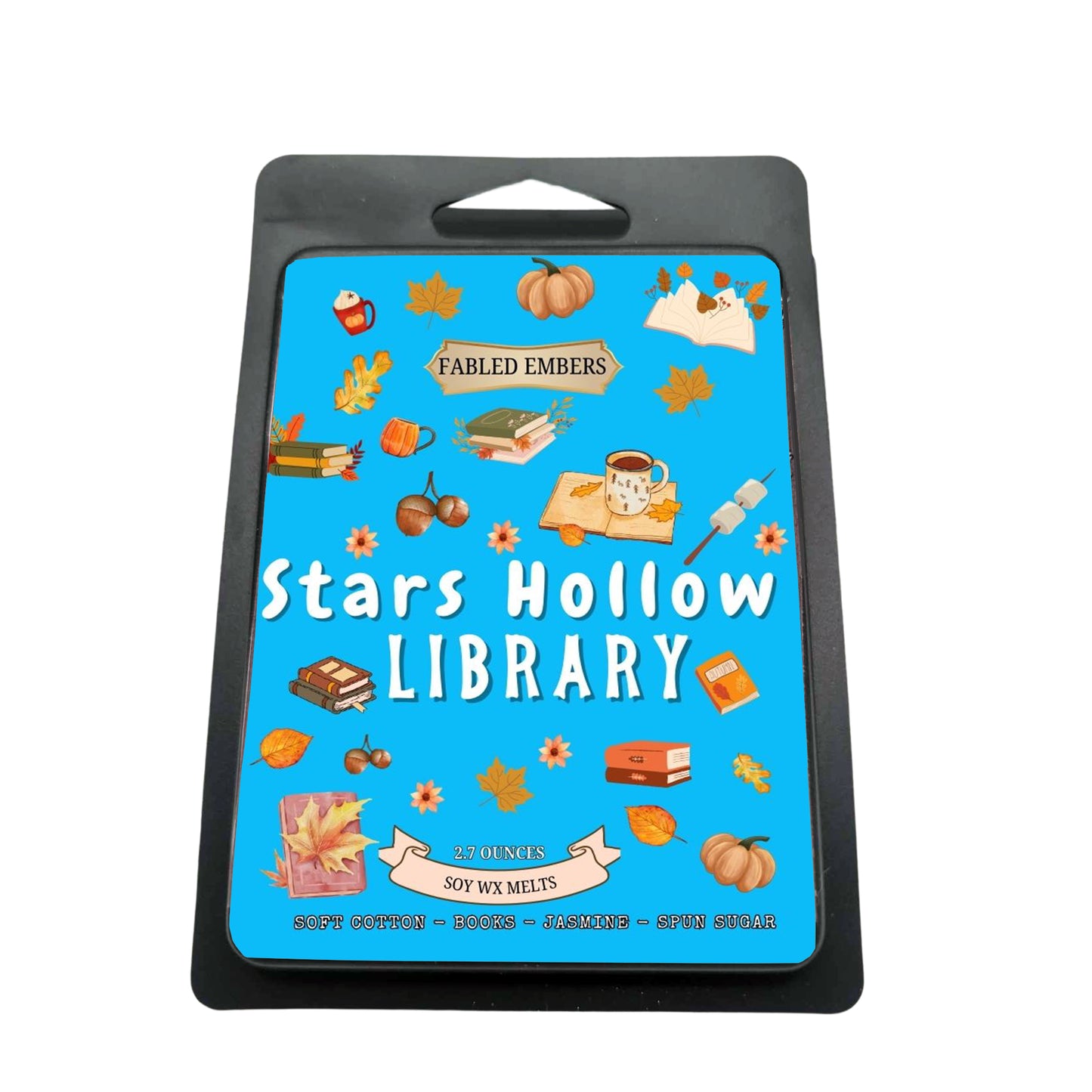 Packaging for 'Stars Hollow Library' wax melts with illustrations on a blue background.
