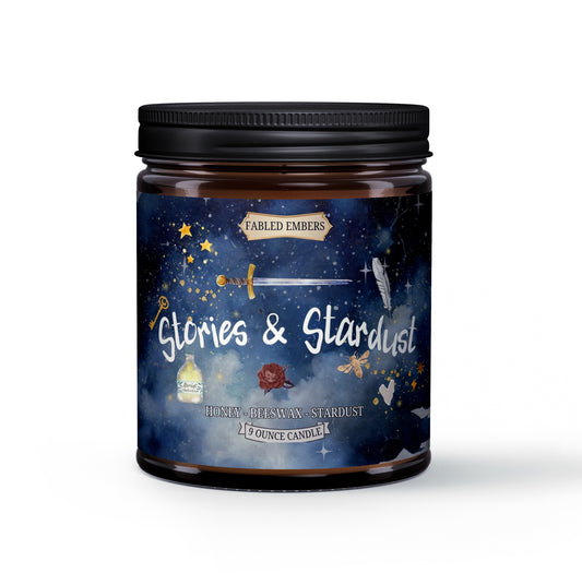 Stories and Stardust candle based on The Starless Sea smells like beeswax and pure honey 9oz coconut soy candle amber glass jar