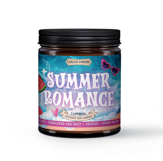 Candle jar labeled 'Summer Romance' by Fabled Embers on a white background