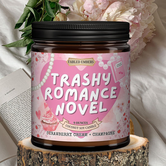 Trashy Romance Candle for Romance Readers smells like strawberry shortcake champagne and sugar sprinkles coconut soy candle 9 ounce jar