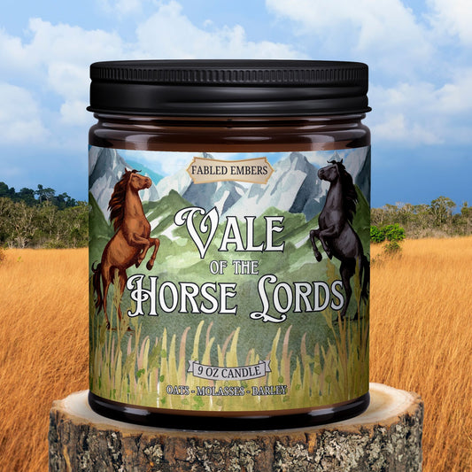 VALE OF THE HORSELORDS - Rohan Candle for fans of Middle-Earth, 9oz coconut soy wax candle in amber glass jar, smells like sweet feed