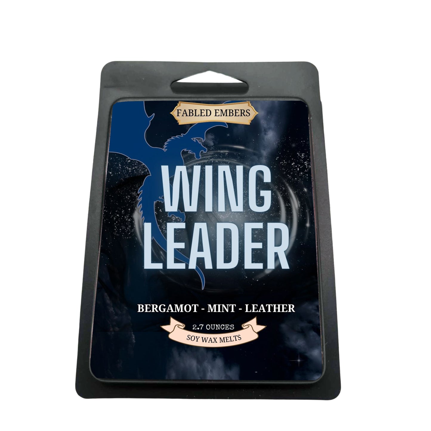 Packaging of 'Wing Leader' soy wax melts by Fabled Embers on a white background