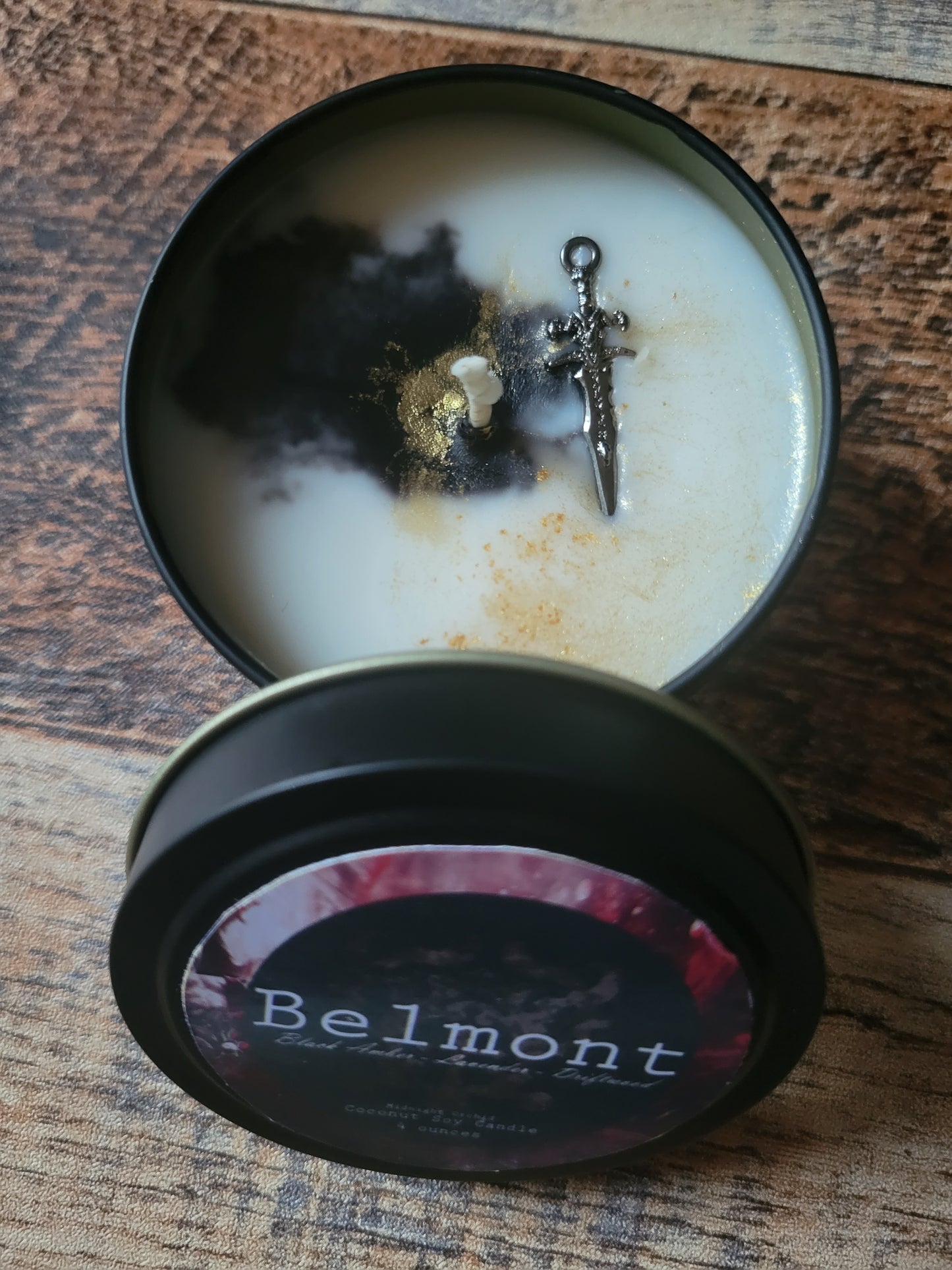 BELMONT Trevor castlevania inspired candle in black tin 4oz oz Scent: dark lavender, amber, salt, wood, hint of lemon, leather