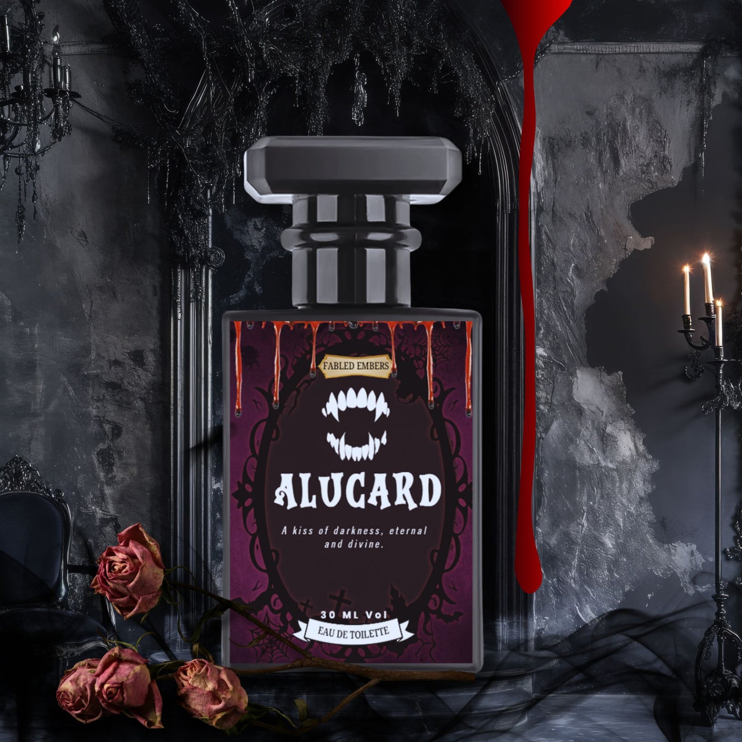 Perfume bottle labeled 'Alucard' with a dark, gothic background.