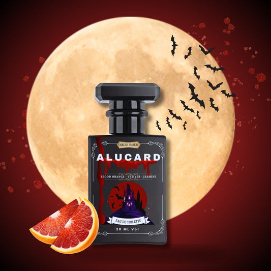 Perfume bottle labeled 'Alucard' with a full moon and bats in the background