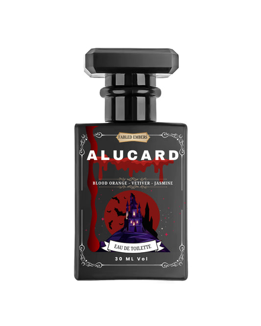 Perfume bottle labeled 'Alucard' with a black and red design on a white background