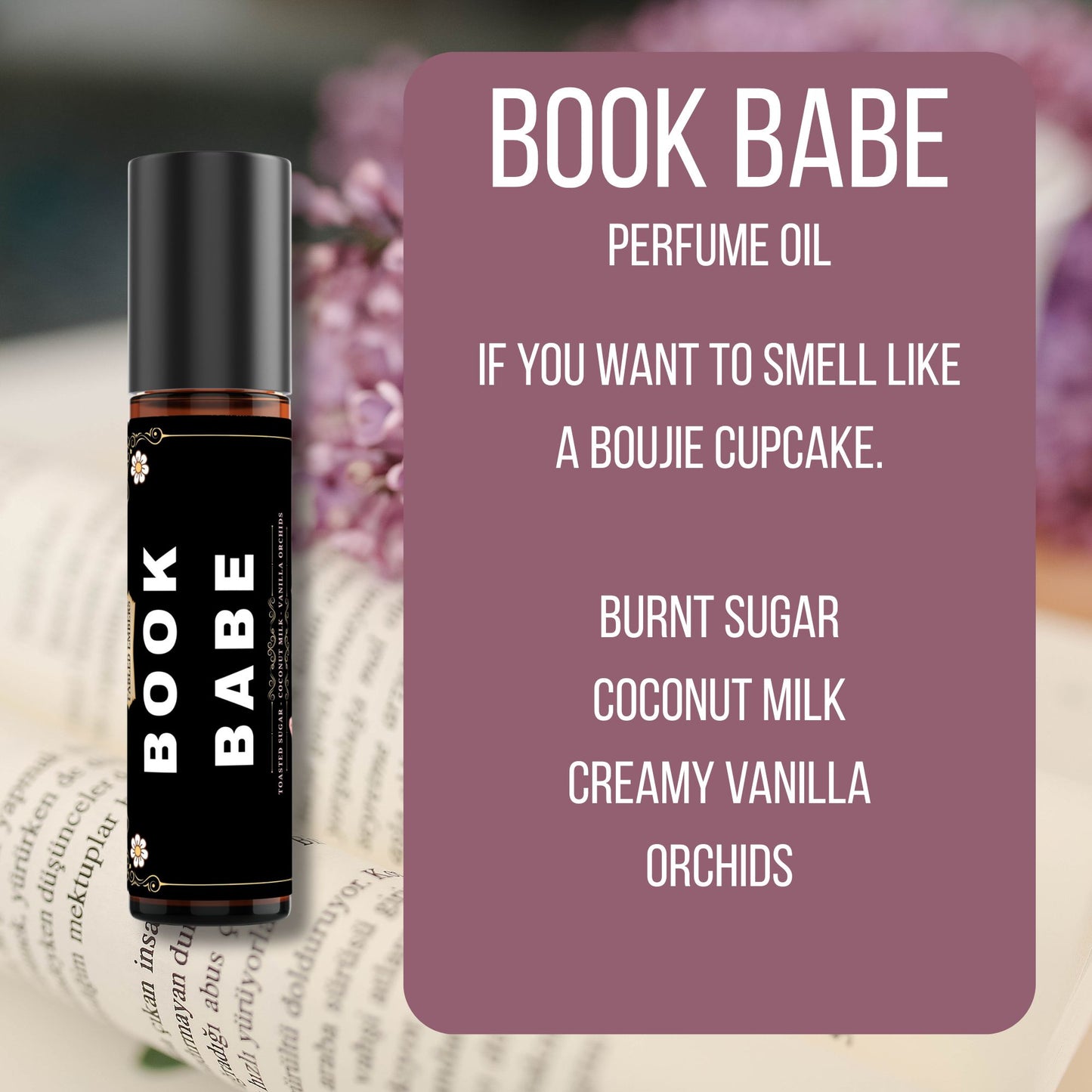 Perfume oil bottle labeled 'Book Babe' with a description card on a floral background