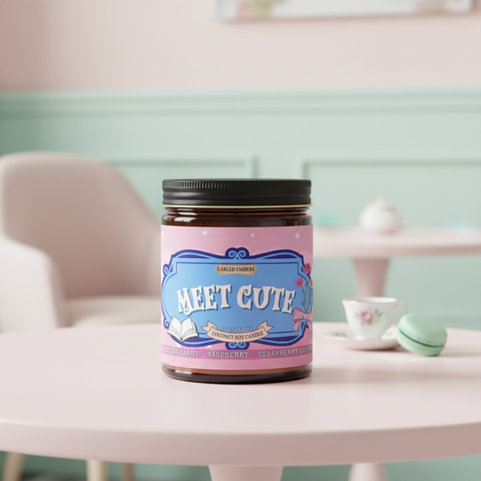 Jar labeled 'Meet Cute' on a pink table with a light green background