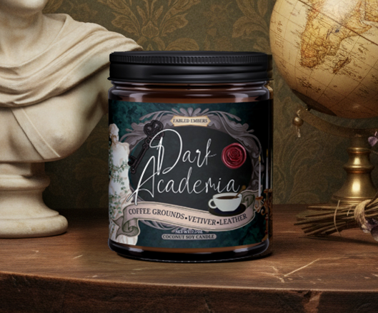 Jar of 'Dark Academia' coffee grounds with decorative label on a wooden surface, globe in the background