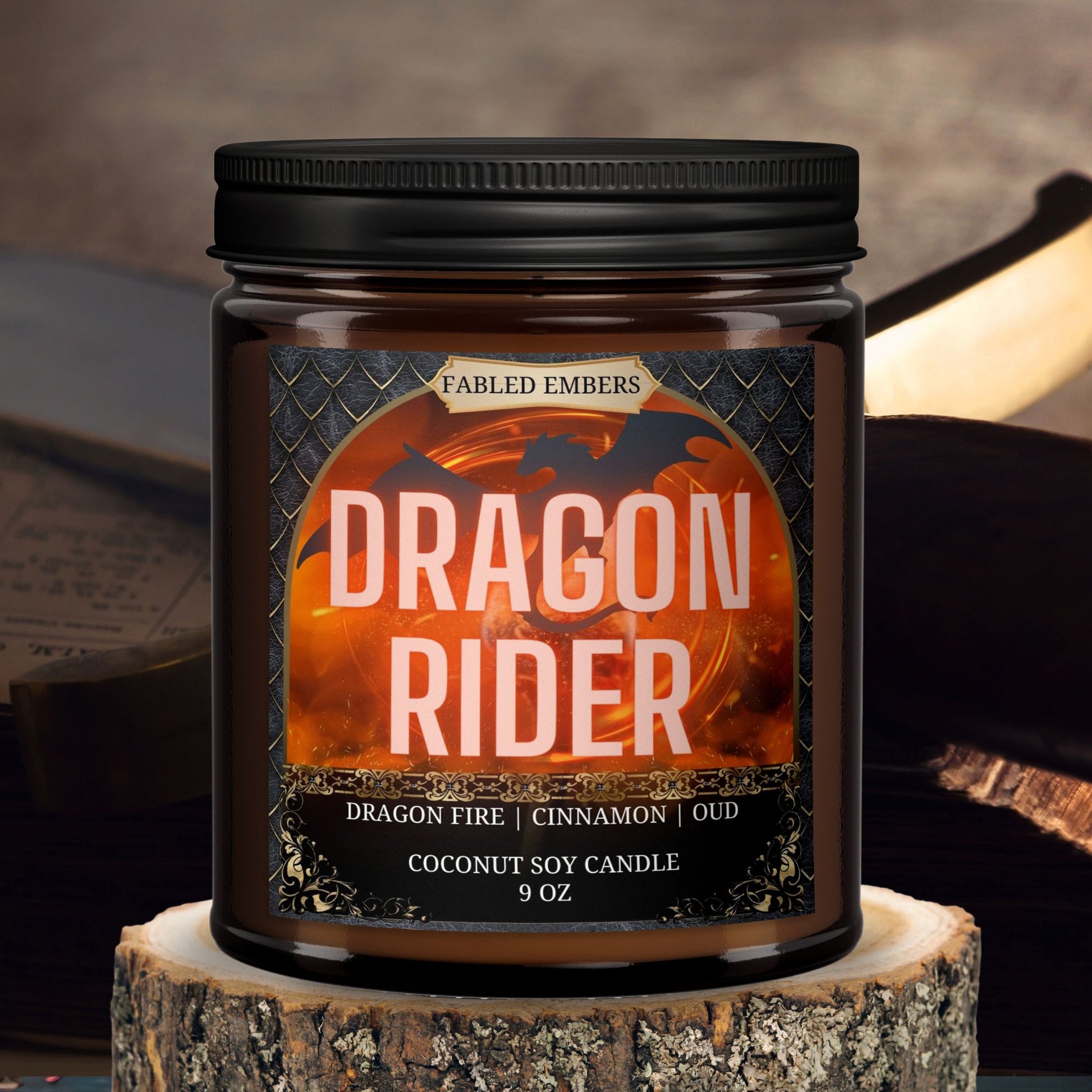 Dragon Rider candle in 9 ounce amber glass jar smells like cinnamon, leather, and dragon's breath. Coconut Soy Wax.