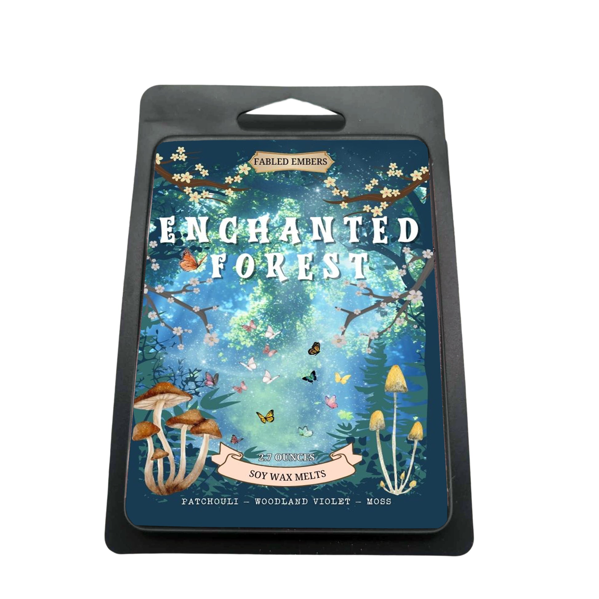 ENCHANTED FOREST smells like moss and mist with patchouli and woodland rose. 2.7oz coconut soy wax melts in a matteblack clam shell.  