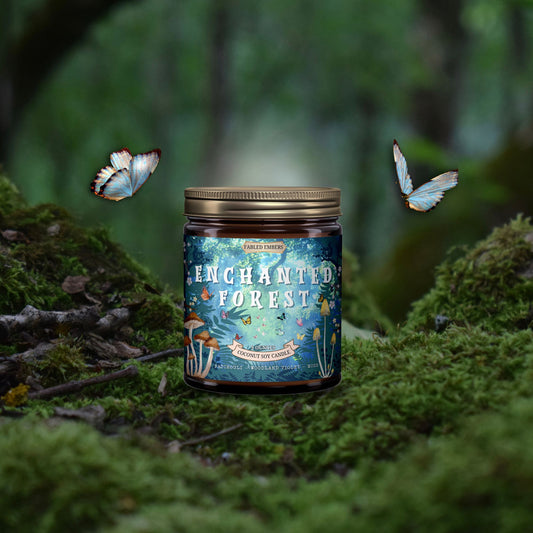 Whimsical "Enchanted Forest" coconut soy candle set on vibrant green moss, with butterflies seemingly fluttering nearby. Perfect for magical reading corners or cottagecore decor.