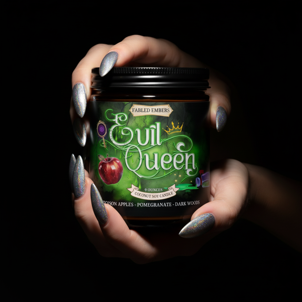Jar of 'Evil Queen' candle held by hands with decorative nails against a dark background