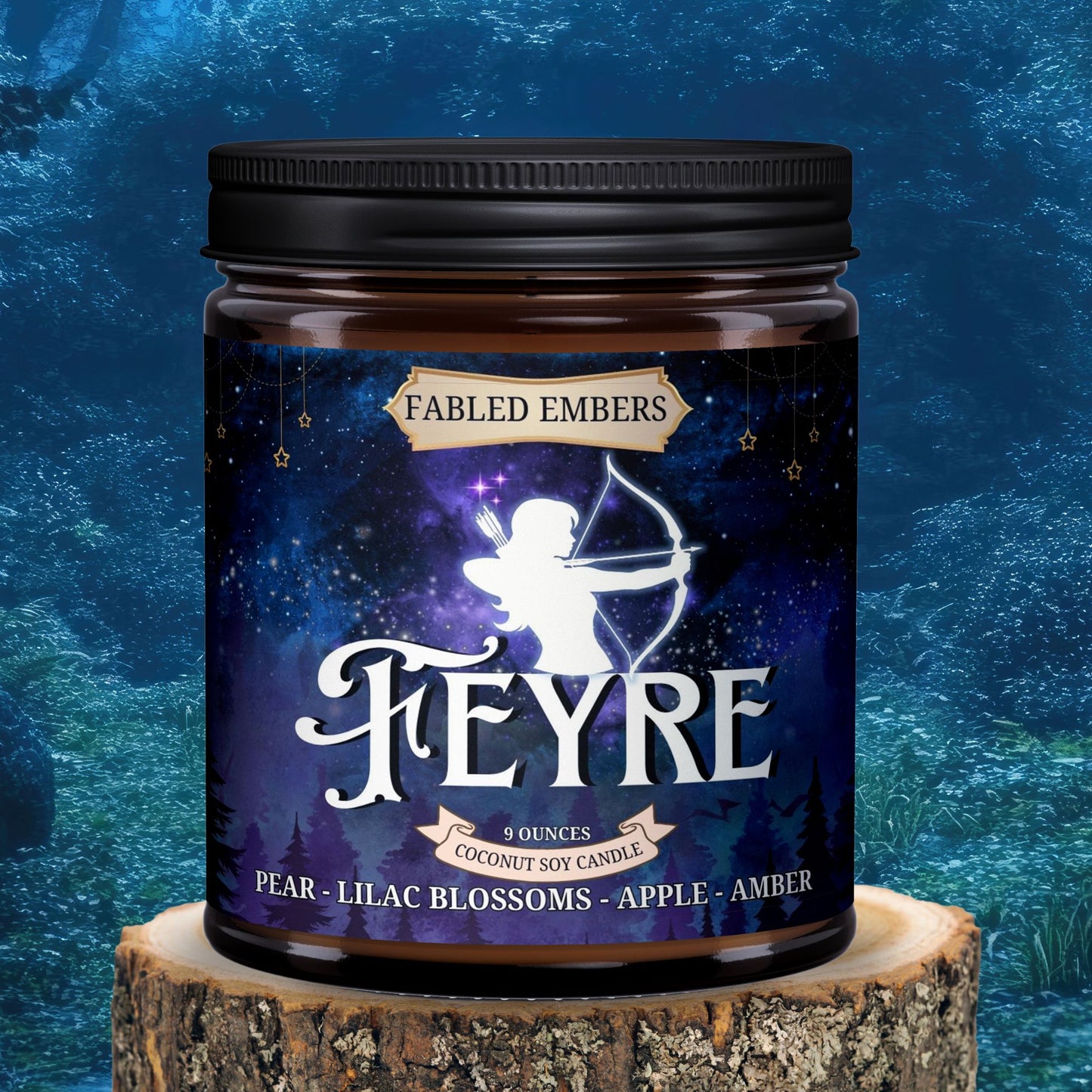 Fabled Embers Feyre candle jar on a wooden stump with a blue textured background