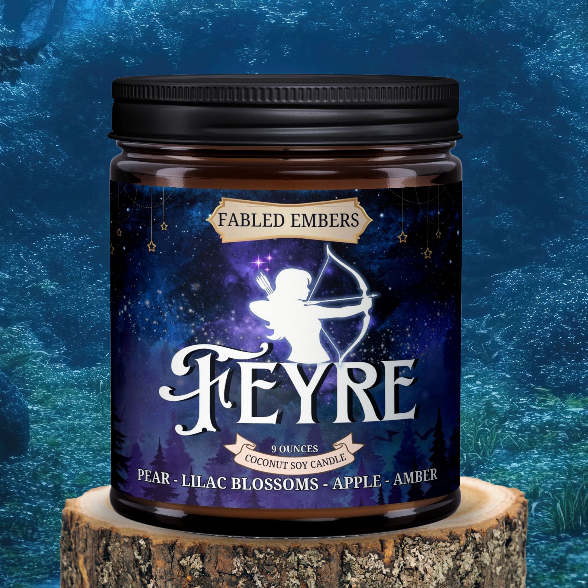 Fabled Embers Feyre candle jar on a wooden stump with a blue textured background