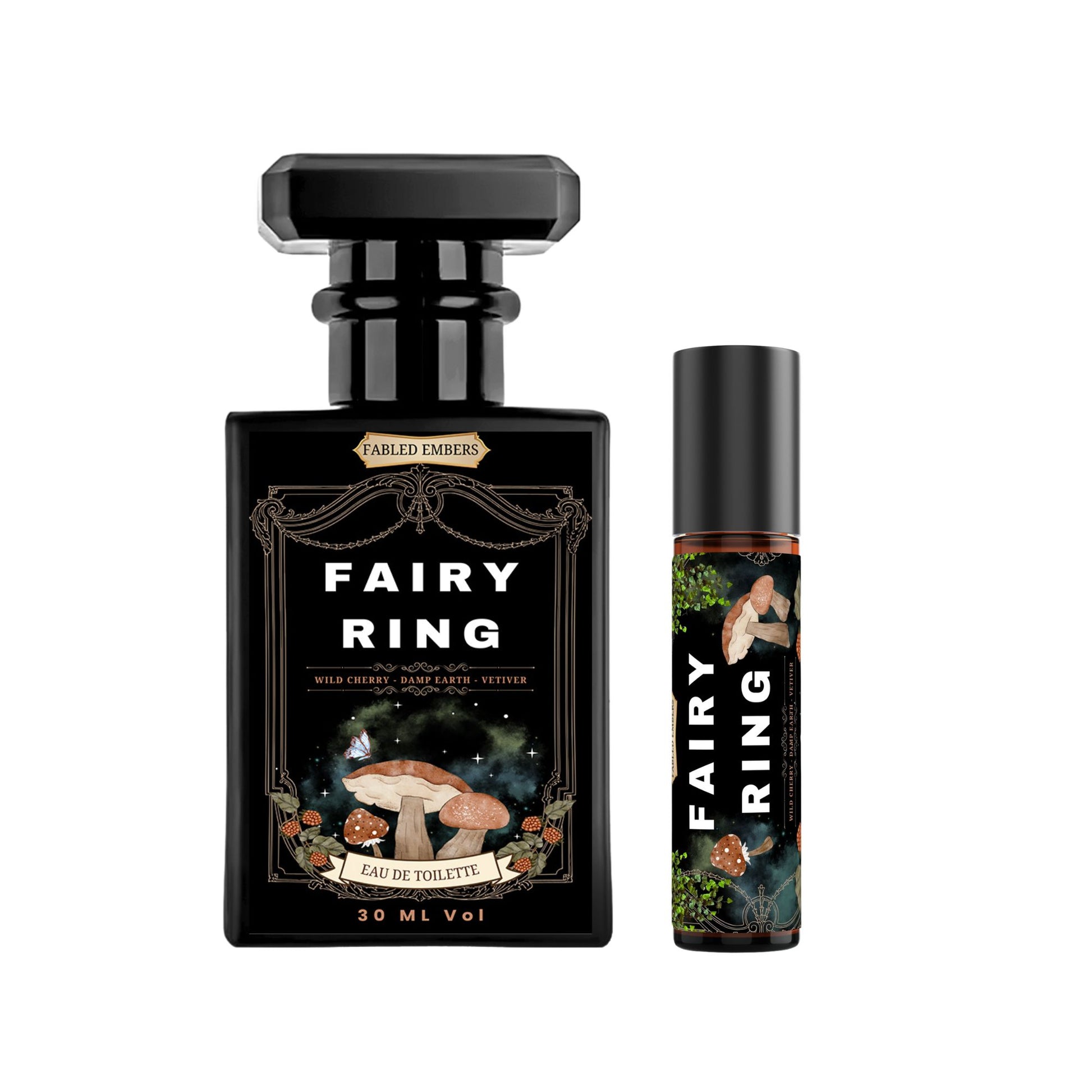Sleek black perfume bottle with an ornate label depicting a magical forest scene: whimsical mushrooms, a delicate butterfly, and a starry, cosmic background. Scent notes: Wild Cherry, Damp Earth, Vetiver.