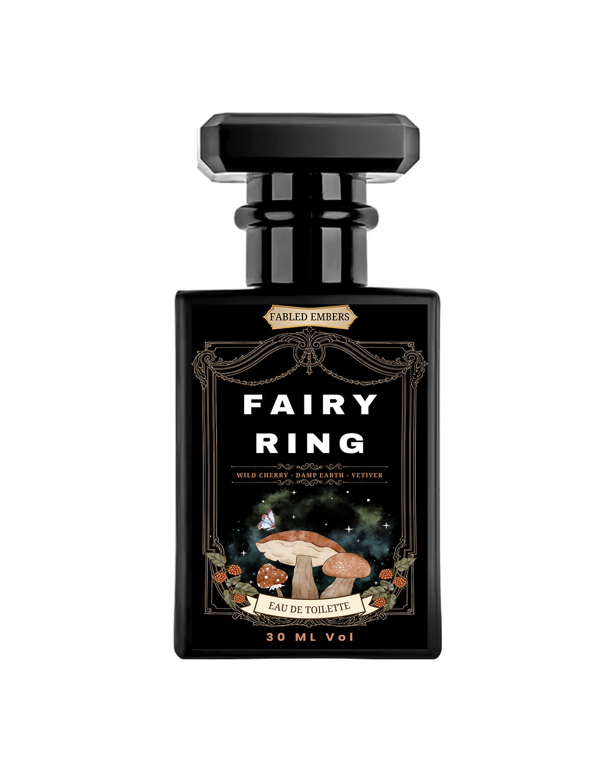 Discover this captivating 30ml Eau de Toilette, housed in a sleek black bottle with an ornate, magical label. The design features whimsical mushrooms, a delicate butterfly, and a starry, cosmic backdrop, evoking the mystery of a hidden fairy ring. Immerse yourself in the unique blend of Wild Cherry, damp Earth, and grounding Vetiver, perfect for those who seek a touch of everyday magic.