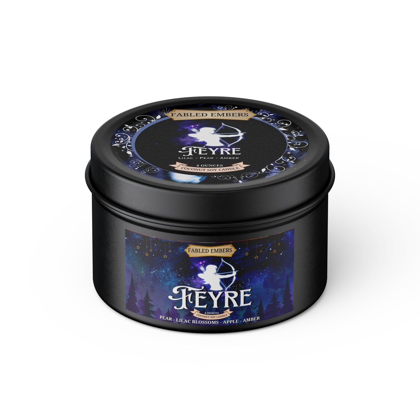 Feyre candle tin with decorative label on a white background