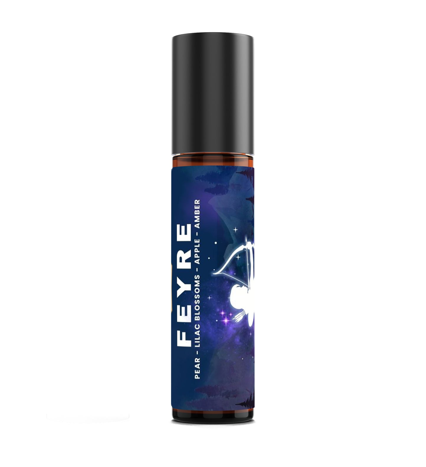 Feyre perfume bottle with a black cap and blue label on a white background