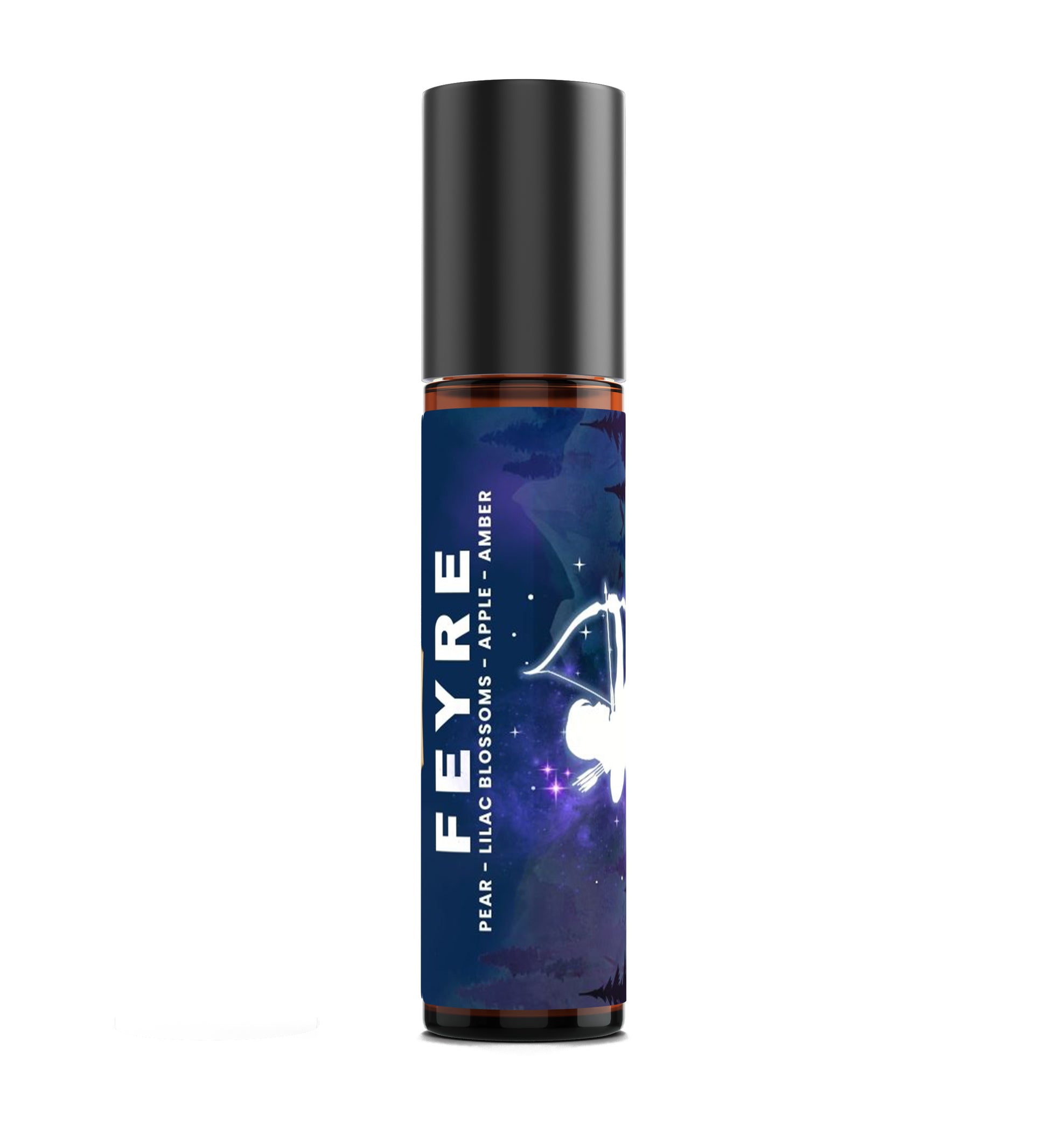 Feyre perfume bottle with a black cap and blue label on a white background