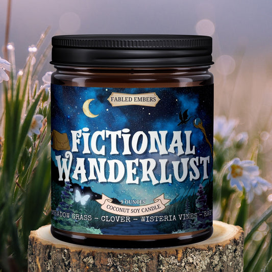 Candle jar labeled 'Fictional Wanderlust' on a wooden stump with a natural background