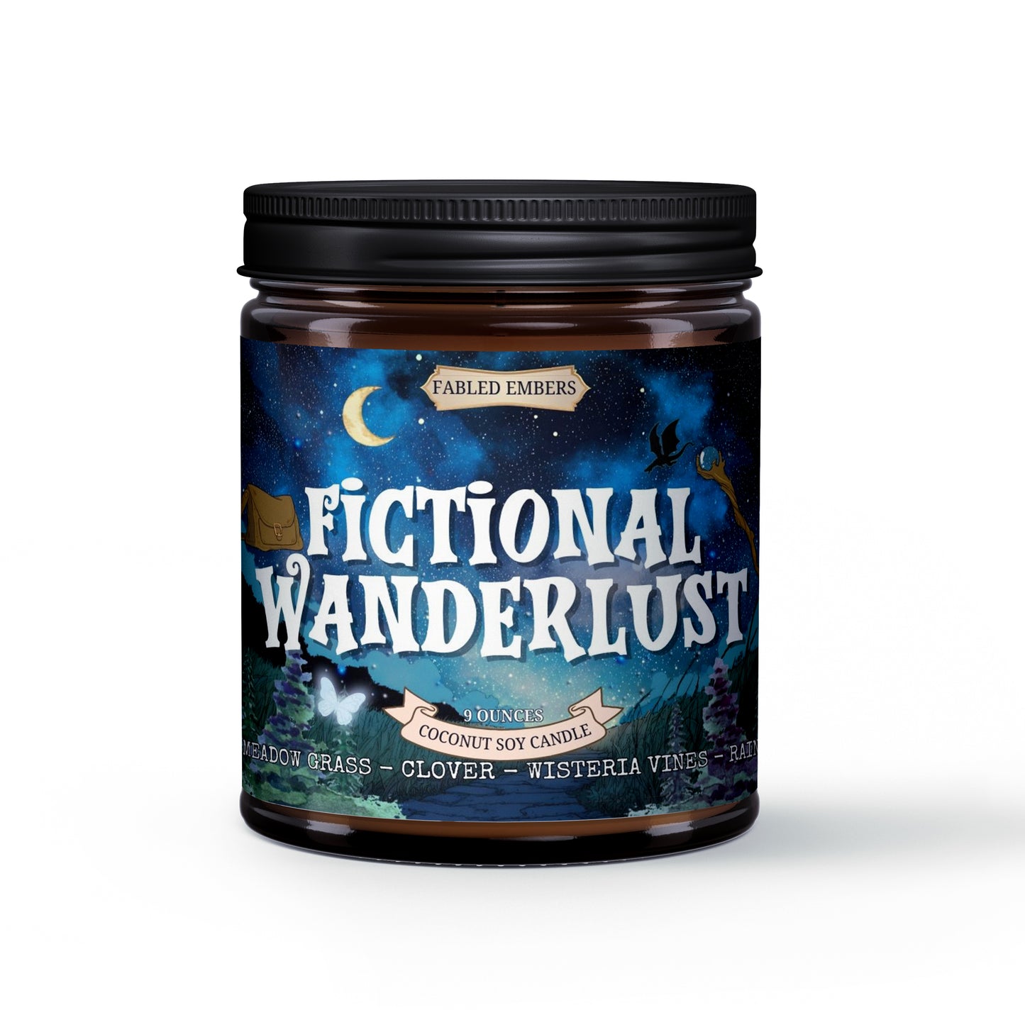 Candle jar labeled 'Fictional Wanderlust' with a night sky design on a white background