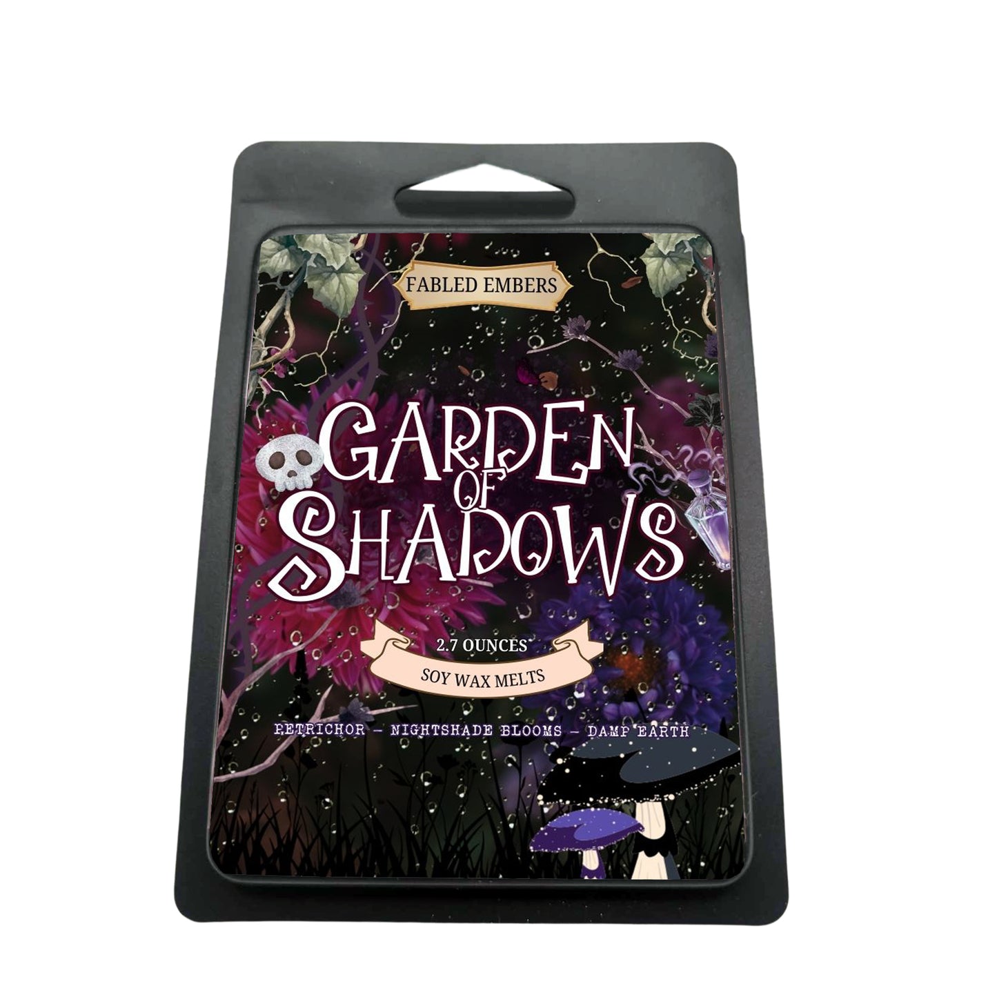 Packaging of 'Garden of Shadows' soy wax melts with a dark, mystical design.