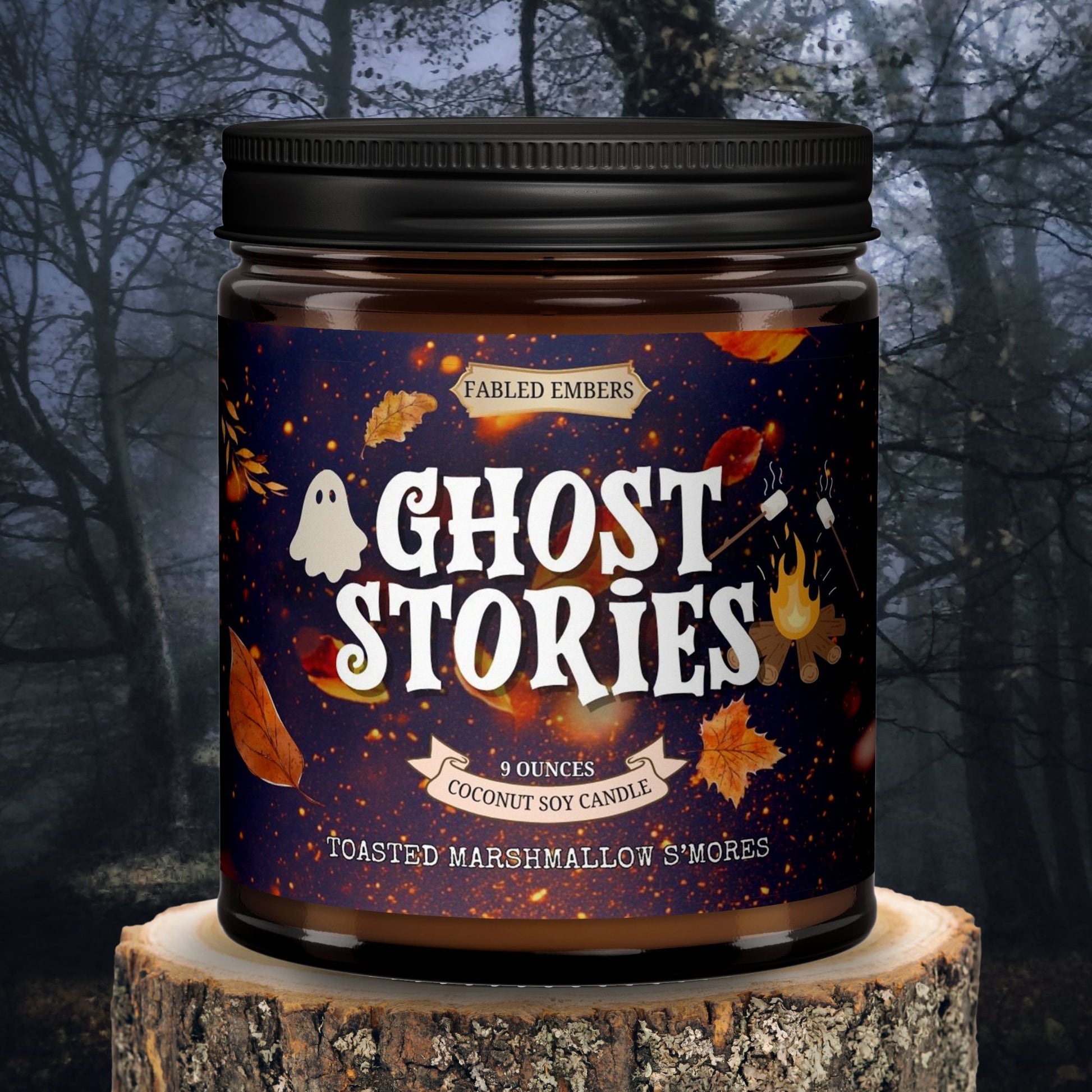 Candle jar labeled 'Ghost Stories' with a forest background