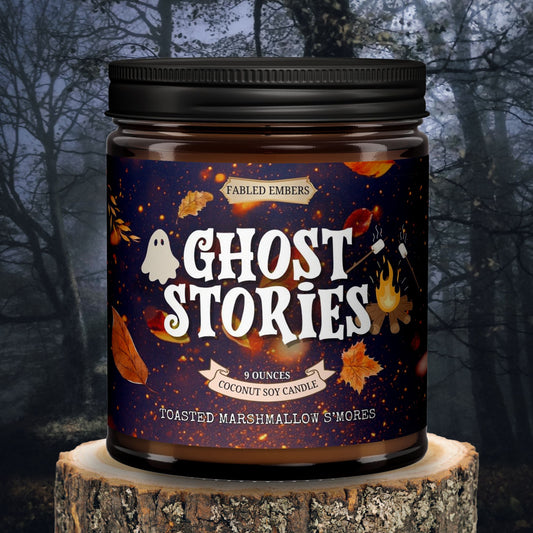 Candle jar labeled 'Ghost Stories' with a forest background
