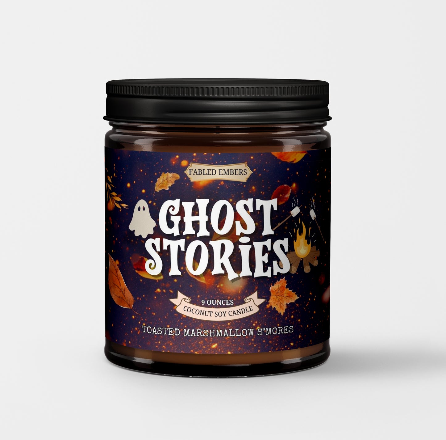 Candle jar labeled 'Ghost Stories' with a dark label featuring text and graphics on a white background