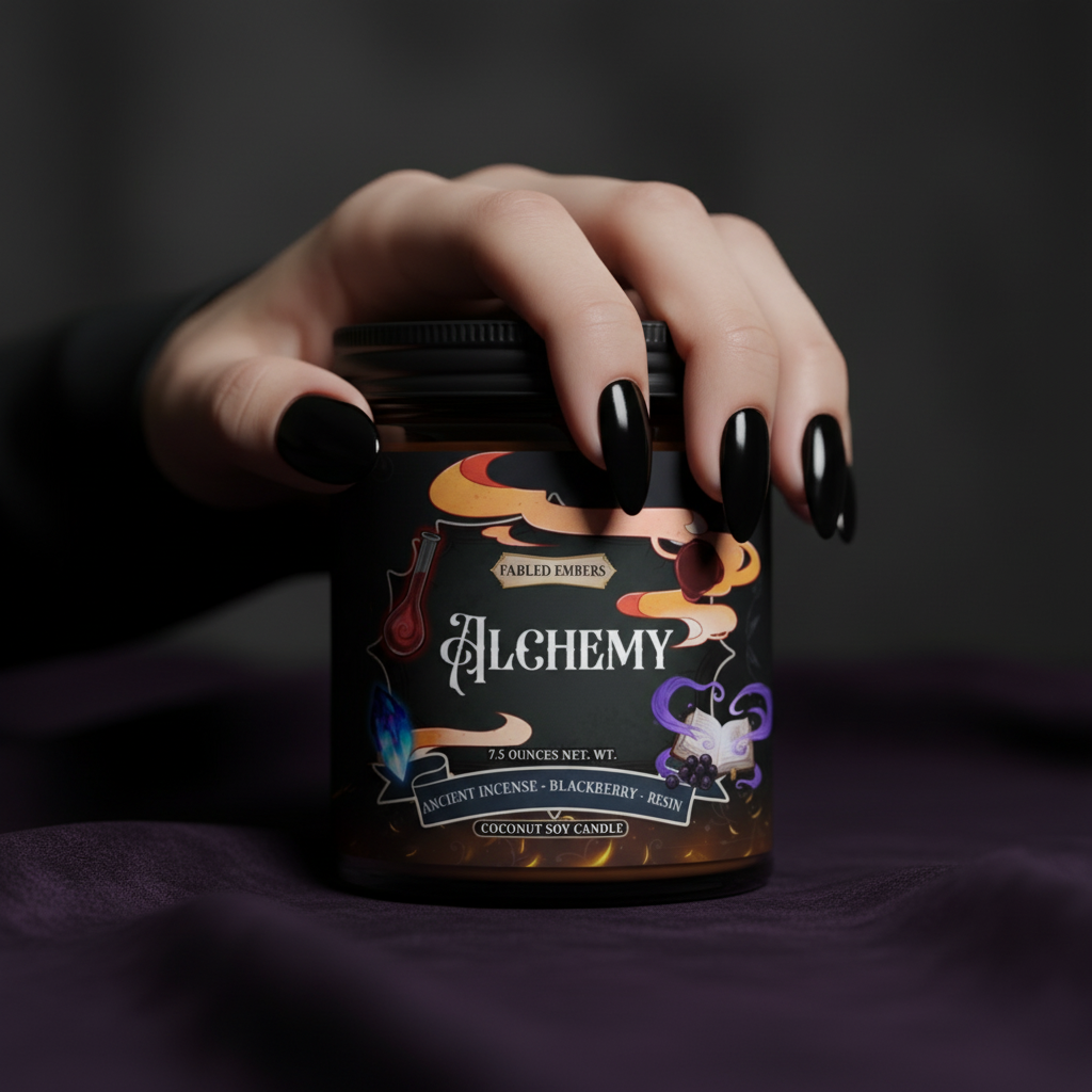 Hand holding a candle labeled 'Alchemy' against a dark background