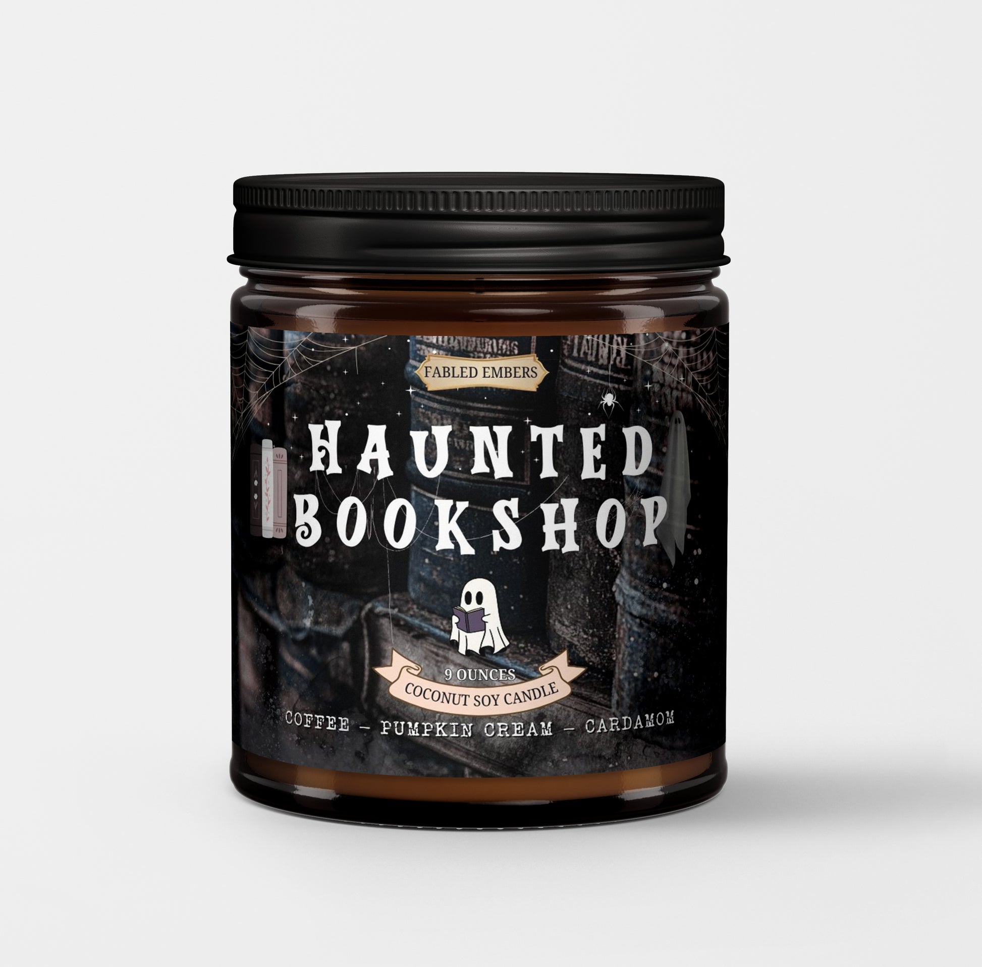 Candle jar labeled 'Haunted Bookshop' with a black lid on a light gray background