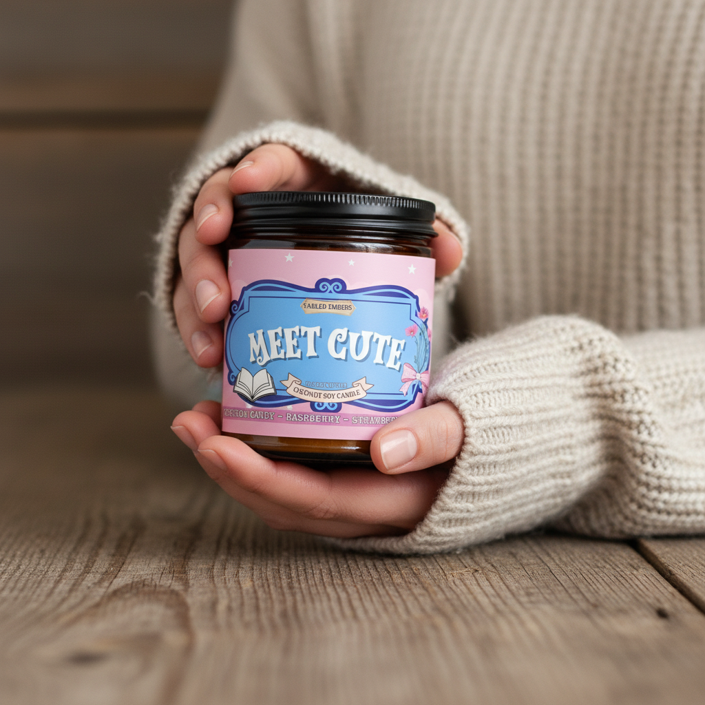 Person holding a jar labeled 'Meet Cute' on a wooden surface