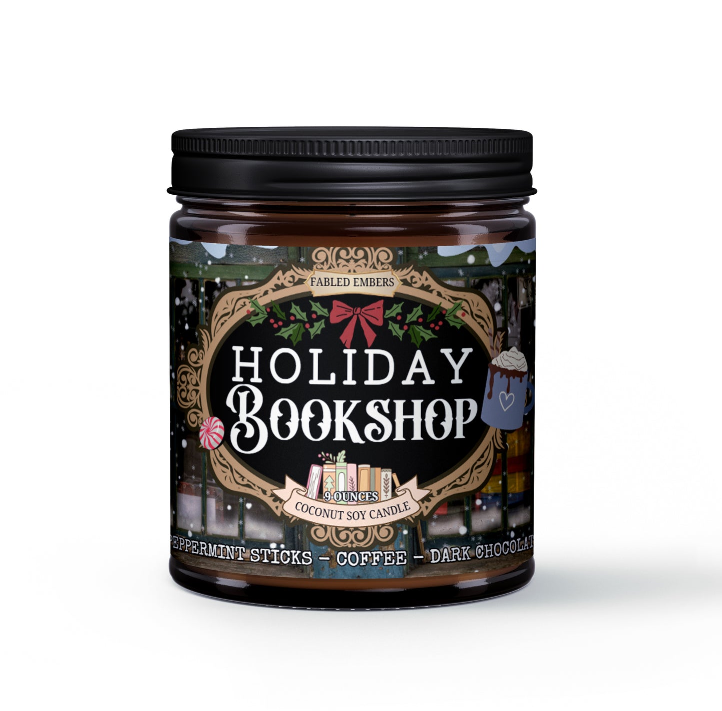 Candle jar labeled 'Holiday Bookshop' with decorative design on a white background