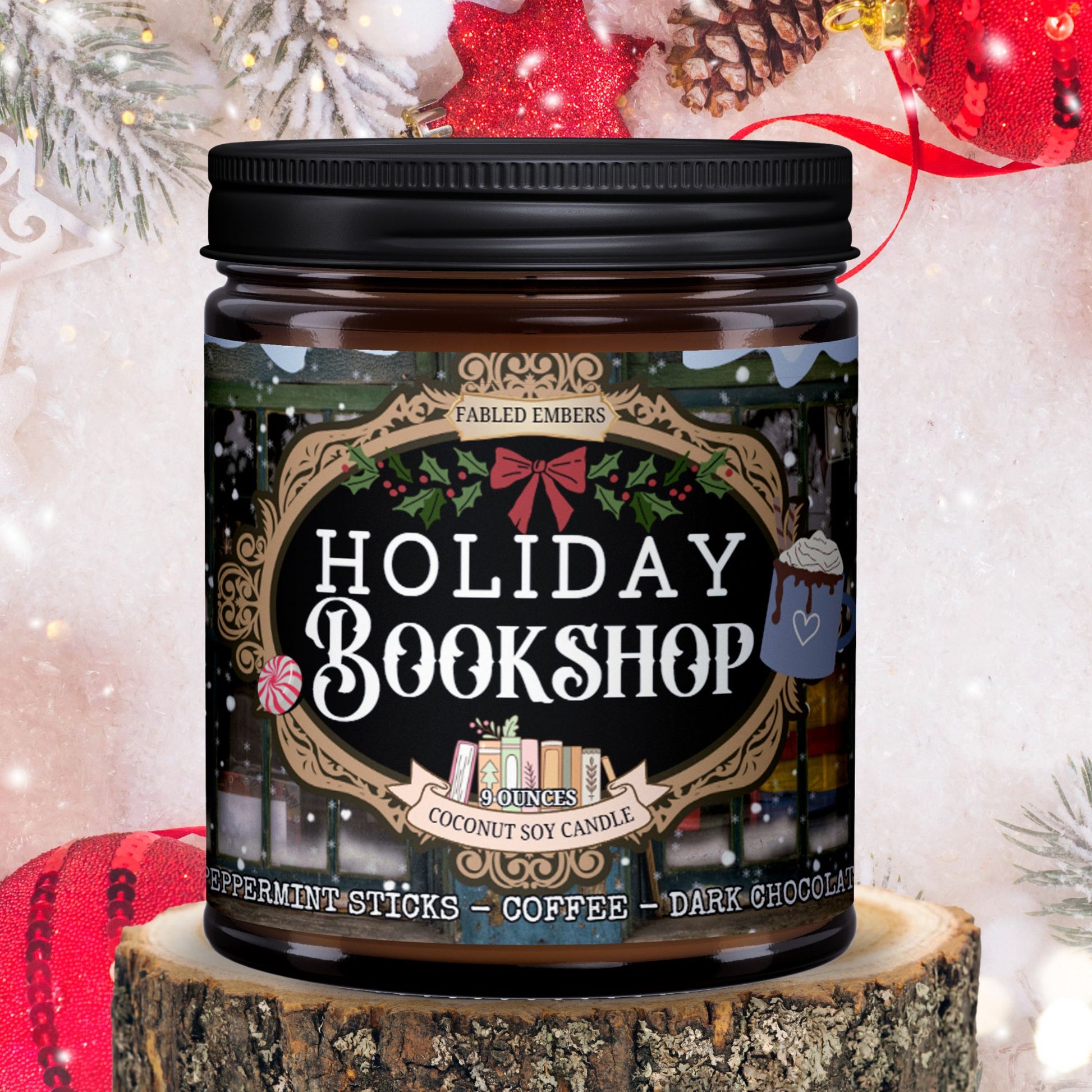 Candle jar labeled 'Holiday Bookshop' on a decorative background with Christmas elements.