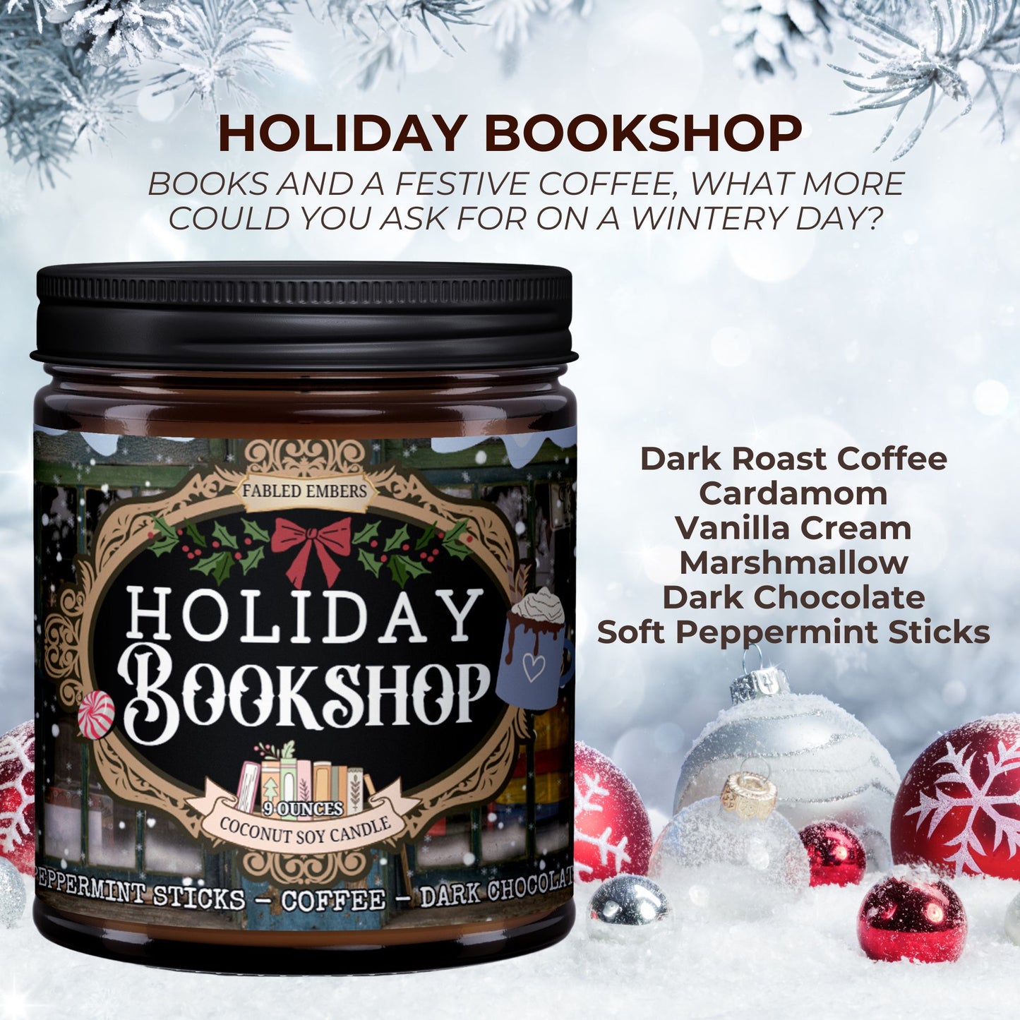 Jar of 'Holiday Bookshop' candle with festive design and text about coffee and books on a snowy background.