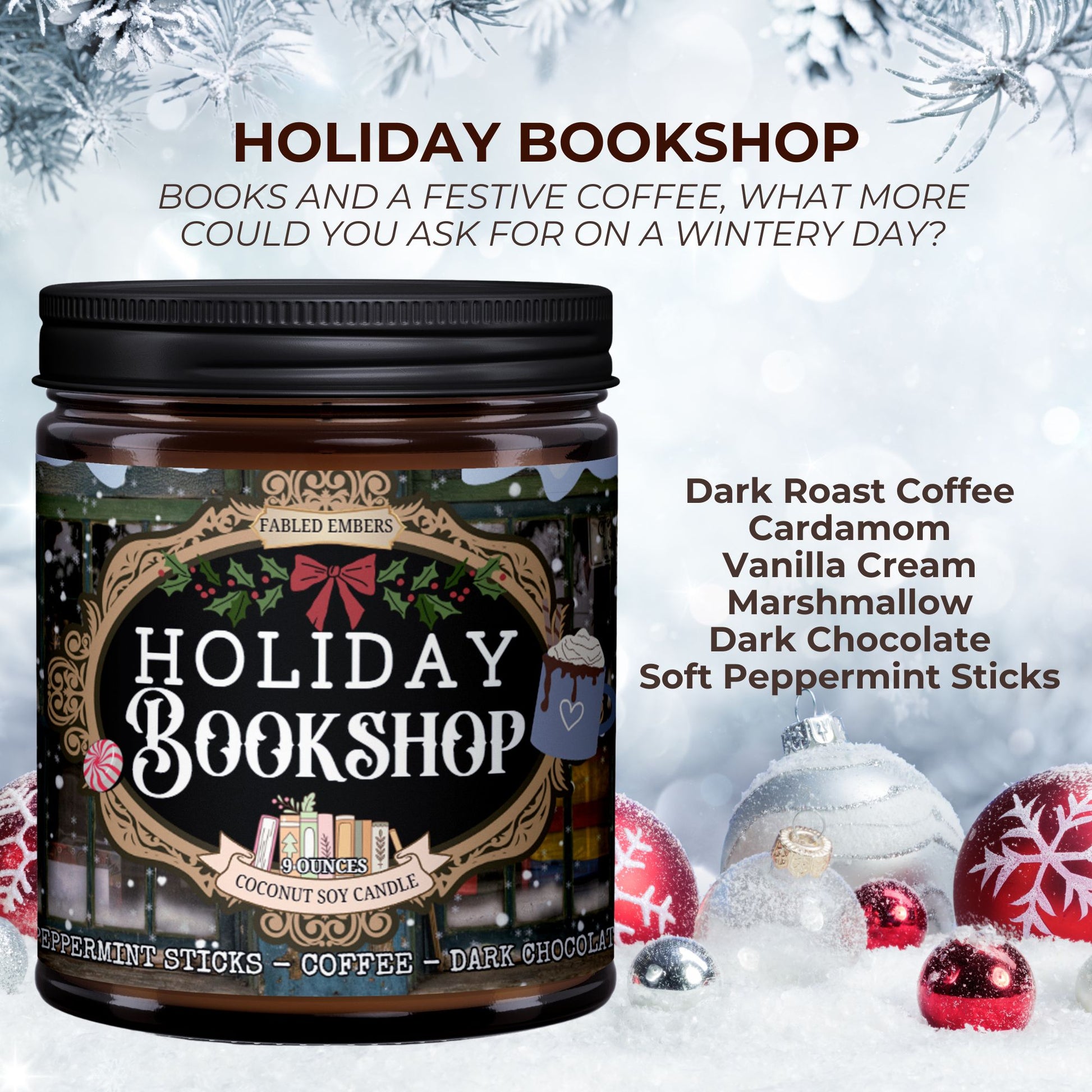 Jar of 'Holiday Bookshop' candle with festive design and text about coffee and books on a snowy background.