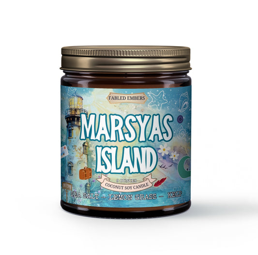  Bright "Marsyas Island" coconut soy candle. Its vibrant label features a whimsical island scene with a lighthouse, suitcase, and nautical elements, evoking a sense of escape and queer adventure. Perfect for inspiring new journeys.